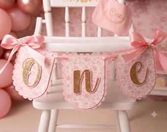One/Happy Birthday Party Decor - Pink Floral Toile and Gold Glitter High Chair Banner