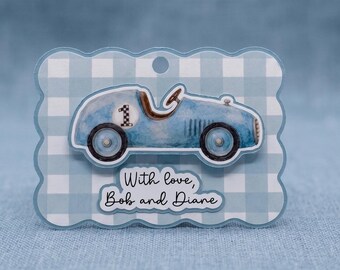 Personalized Vintage Race Car Gift Tag | Blue Gingham Favor Tag, Boys Birthday