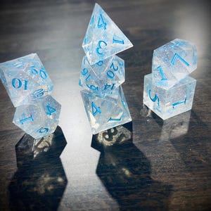 May include: A collection of clear, glitter-infused polyhedral dice with light blue numbering. The dice are arranged on a dark wooden surface, casting shadows. The set includes various shapes, such as d4, d6, d8, d10, d12, and d20.