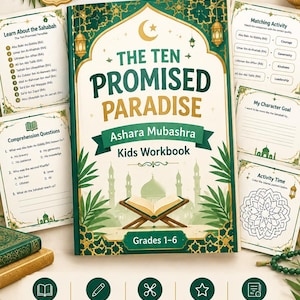 Könnte beinhalten: Ein druckbares Arbeitsheft mit dem Titel The Ten Promised Paradise Ashara Mubashra Kids Workbook für die Klassen 1-6. Das Cover zeigt eine Illustration eines offenen Buches, grüne geometrische Ränder und hängende Laternen.