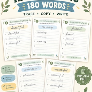 May include: A set of five cursive handwriting practice sheets featuring the title Cursive Handwriting 180 Words Trace Copy Write. Each page includes numbered lines for tracing and writing words like beautiful, morning, friend, adventure, and successful.