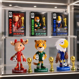 May include: Three FIFA World Cup mascot figurines featuring Maple the moose, Zayu the jaguar, and Clutch the eagle. Each figure wears a soccer uniform, holds a soccer ball, and stands beside a gold trophy replica. They are displayed in individual boxes.