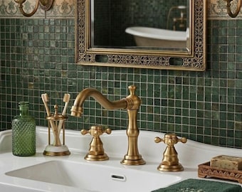 Grifo de baño de latón vintage – Mezclador de lavabo de doble manija con cuello de cisne