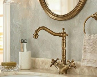Vintage Brass Bathroom Faucet – Swan Neck Widespread Double Handle Sink Mixer