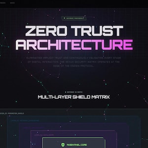 May include: Dark background with the text "ZERO TRUST ARCHITECTURE" in white and pink. Below, the text "MULTI-LAYER SHIELD MATRIX" is displayed. The image has a futuristic, tech-focused theme.