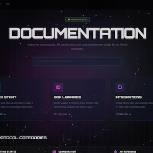 May include: A dark website interface with the word "DOCUMENTATION" in large white letters. Below are three rectangular boxes labeled "Quick Start", "SDK Libraries", and "Integrations". The background is dark with a network of white lines.