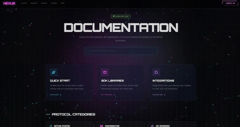 Puede incluir: Interfaz de sitio web oscura con la palabra "DOCUMENTACI&Oacute;N" en letras blancas grandes. Debajo, tres cuadros est&aacute;n etiquetados como "Quick Start", "SDK Libraries" e "Integrations". El fondo es oscuro con una red de l&iacute;neas blancas.