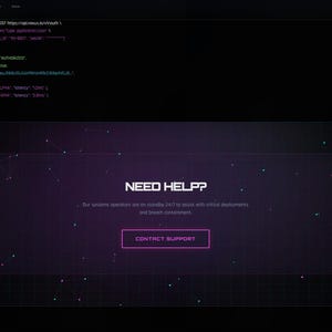 Puede incluir: Interfaz de sitio web oscura con un dise&ntilde;o futurista. La esquina superior izquierda muestra la palabra "NEXUS" en rosa. El centro presenta una secci&oacute;n p&uacute;rpura con el texto "NEED HELP?" y un bot&oacute;n "CONTACT SUPPORT". Se ven fragmentos de c&oacute;digo.