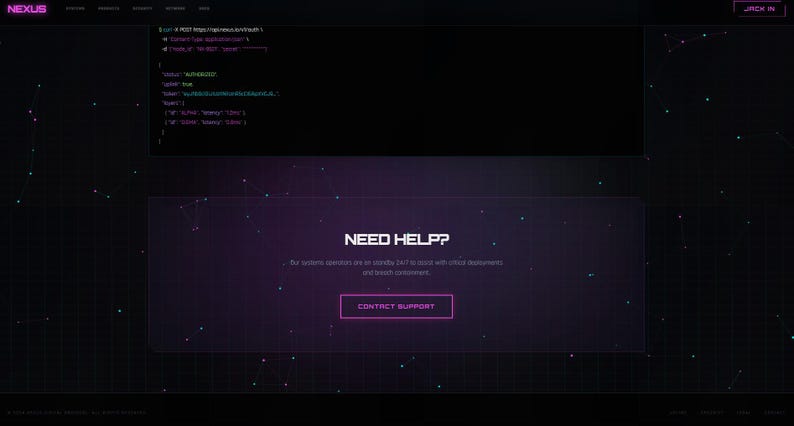 Puede incluir: Interfaz de sitio web oscura con un dise&ntilde;o futurista. La esquina superior izquierda muestra la palabra "NEXUS" en rosa. El centro presenta una secci&oacute;n p&uacute;rpura con el texto "NEED HELP?" y un bot&oacute;n "CONTACT SUPPORT". Se ven fragmentos de c&oacute;digo.