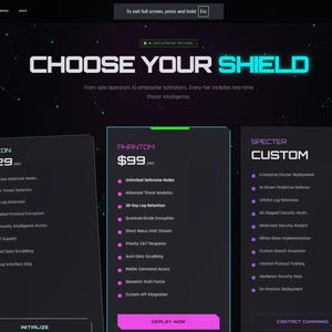 Op de afbeelding: Website-interface met een donker thema, met de kop "CHOOSE YOUR SHIELD" in wit en blauwgroen. Er worden drie productopties weergegeven, elk met een lijst met functies. De achtergrond heeft een sterrenhemelontwerp.