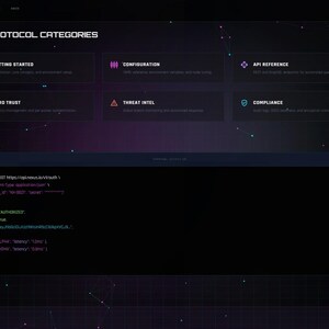 Puede incluir: Interfaz de sitio web oscura con el texto "PROTOCOL CATEGORIES" y varios botones de categor&iacute;a. Un fragmento de c&oacute;digo se muestra en una ventana en la parte inferior. La combinaci&oacute;n de colores es oscura con acentos de ne&oacute;n.