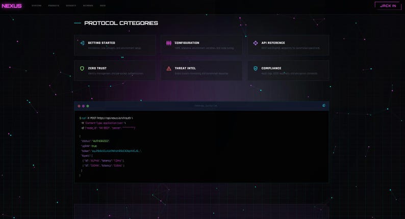 Puede incluir: Interfaz de sitio web oscura con el texto "PROTOCOL CATEGORIES" y varios botones de categor&iacute;a. Un fragmento de c&oacute;digo se muestra en una ventana en la parte inferior. La combinaci&oacute;n de colores es oscura con acentos de ne&oacute;n.