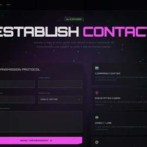 Peut inclure: Une interface de site web sombre et futuriste avec le texte "ESTABLISH CONTACT" en grandes lettres blanches avec un contour rose. Le site web comporte des sections pour les protocoles de transmission, les centres de commande et les communications cryptées. Le thème général est une conception high-tech et de science-fiction.