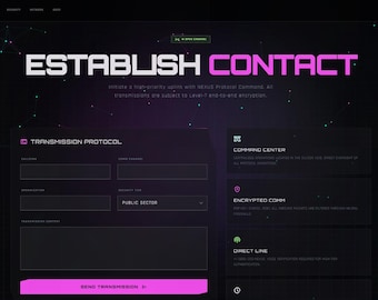 Plantilla de página de contacto cyberpunk / Formulario neón oscuro, acordeón de preguntas frecuentes (descarga digital)