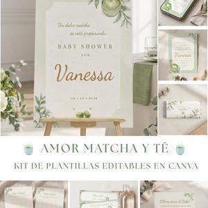 May include: A collection of baby shower stationery templates featuring a matcha tea theme with green watercolour leaves and a cup of matcha latte. The set includes a large welcome sign, invitations, candy bar wrappers, and game cards with text.