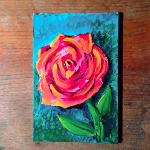 Red and Yellow Rose | Original Artwork Acrylic Rose Painting On Canvas Board Mini Affordable Art Office and Home Decor Cute Adorable Delicat