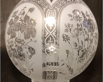 8" Five Scene Floral Etched Victorian Ball Gas Lamp Shade - 4" fitter #GS595