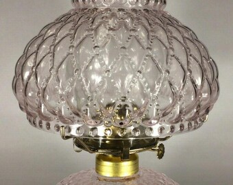 New Complete Oil Lamp w/ Shade Chimney Burner Pink Crystal Diamond Quilted Glass