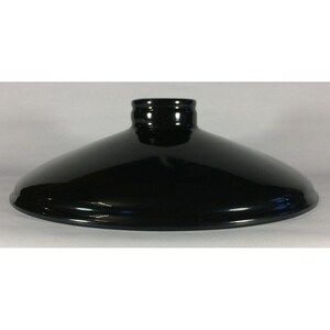 May include: A glossy black metal lamp shade with a wide, shallow, conical profile and a central circular opening at the top. The surface has a smooth, reflective finish that catches light, creating a clean, uniform appearance across the entire piece.