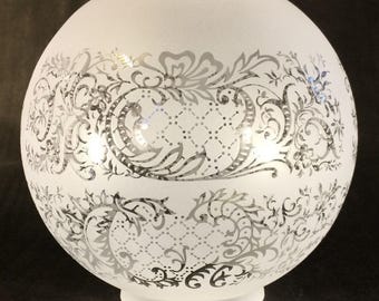 8" Venicia Satin Etched Floral Scene Gas Oil Ball Lamp Shade - 4" fitter PS503i
