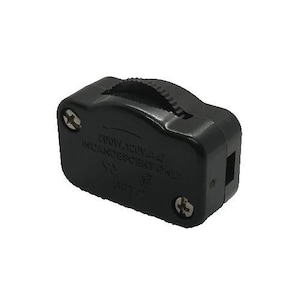May include: A black plastic inline lamp dimmer switch featuring a textured thumbwheel for adjustment. The casing is secured with two silver-colored screws and displays the embossed text 200W, 120V, A.C. INCANDESCENT ONLY along with electrical certification symbols.