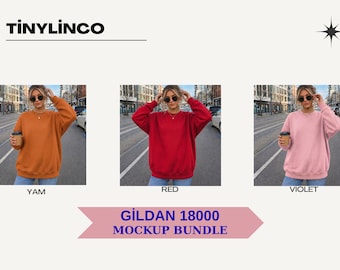Gildan 18000 mockup-sweater met ronde hals, neutrale lifestyle-modellen (digitale download)