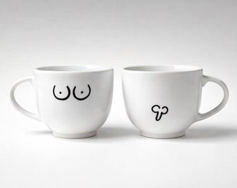 Tazze da caffè in porcellana fatte a mano per coppie, tazze da caffè minimaliste e spiritose, set per lui e per lei.