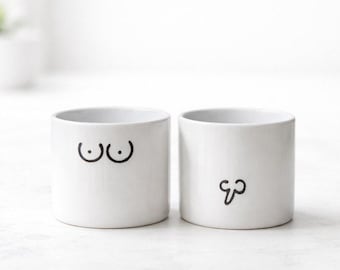 Hand Painted Porcelain Couple Mugs, Minimalist Humor Espresso Cups, His Hers Set