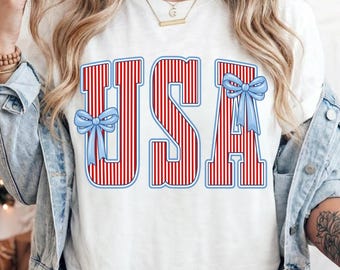 Camiseta Comfort Colors® USA con lazo, estilo Coquette USA, estética patriótica, 4 de julio