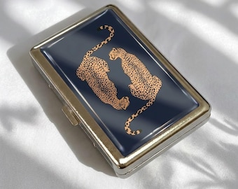 Cheetah Cigarette Case Metal Wild Cat Cig Case King Size Holder Navy Blue Leopard Print Smoker Gift