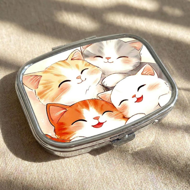 Kawaii Snuggling Kittens Small Pill Box Case - Medicine Container, Pill Organizer, Vitamins Gum Tic Tacs Mint Holder image 2