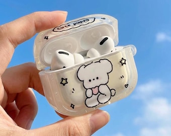 Cute Puppy Bear Clear AirPods Case with Charm – Kawaii Transparent Cover for AirPods Pro 1/2/3, AirPods 4, Gift for Her