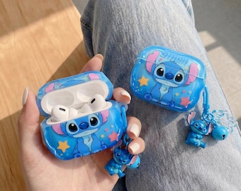 Stitch AirPod Case with 3D Charm – Cute Blue Character Design, Soft TPU Cover for AirPods Pro 1/2/3/4, Fun Birthday Gift for Her