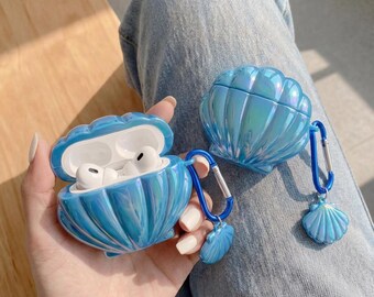 Étui pour AirPods 3D en coquillage avec breloque - Étui en sirène irisé pour AirPods Pro 1 2 3, AirPods 4, joli cadeau océan pour elle