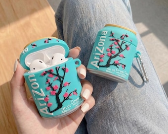 Arizona Green Tea AirPod Case, 3D Silicone Can Design with Carabiner, Cherry Blossom Cover for AirPods 1 2 3 4 Pro, Aesthetic Gift for Her