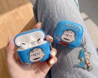 Peanuts Linus AirPod Case with Charm, Blue Cartoon Glossy Cover for AirPods Pro 1/2/3/4, Cute Anime Gift for Her
