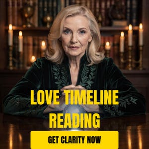 May include: An older woman with blonde hair and a dark green velvet jacket. The text "LOVE TIMELINE READING" and "GET CLARITY NOW" are in yellow. A crystal ball is in front of her.