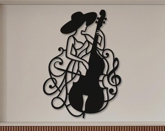 Elegant Metal Bass Musician Wall Art, Modern Jazz Decor, Laser Cut Instrument Silhouette