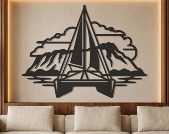 Sailboat Metal Wall Art, Nautical Coastal Decor, Mountain Scene Home Accent