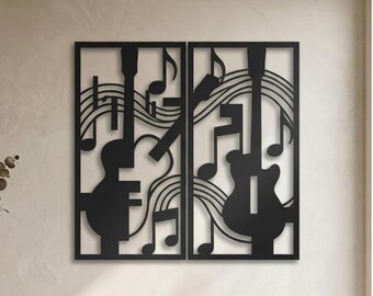 Metal Wall Art Set, Guitar Violin Music Notes Sculpture, Modern Abstract Decor
