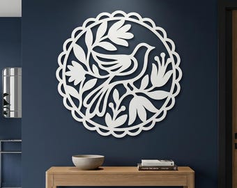 Floral Bird Metal Wall Art, Nature Inspired Circle Decor, Modern Garden Outdoor Art