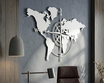 Metal World Map Wall Art, Compass Rose Hanging, Modern Travel Decor TERRA Series