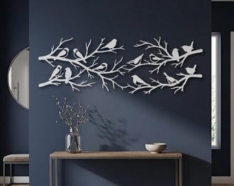 Birds on Branch Metal Wall Art, Laser Cut Decor, Horizontal Nature Accent