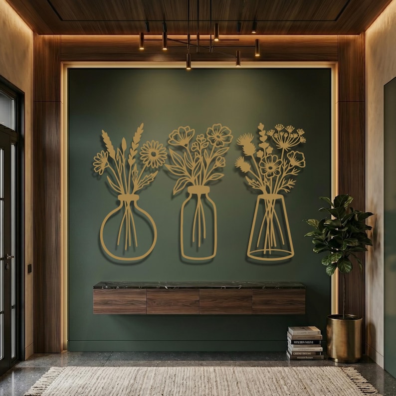 Floral Metal Wall Art Set, Botanical Line Art, Modern Minimalist Decor image 4