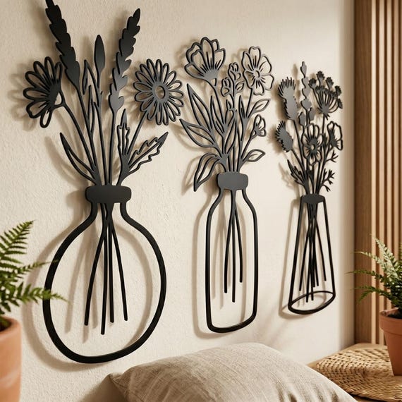 Floral Metal Wall Art Set, Botanical Line Art, Modern Minimalist Decor