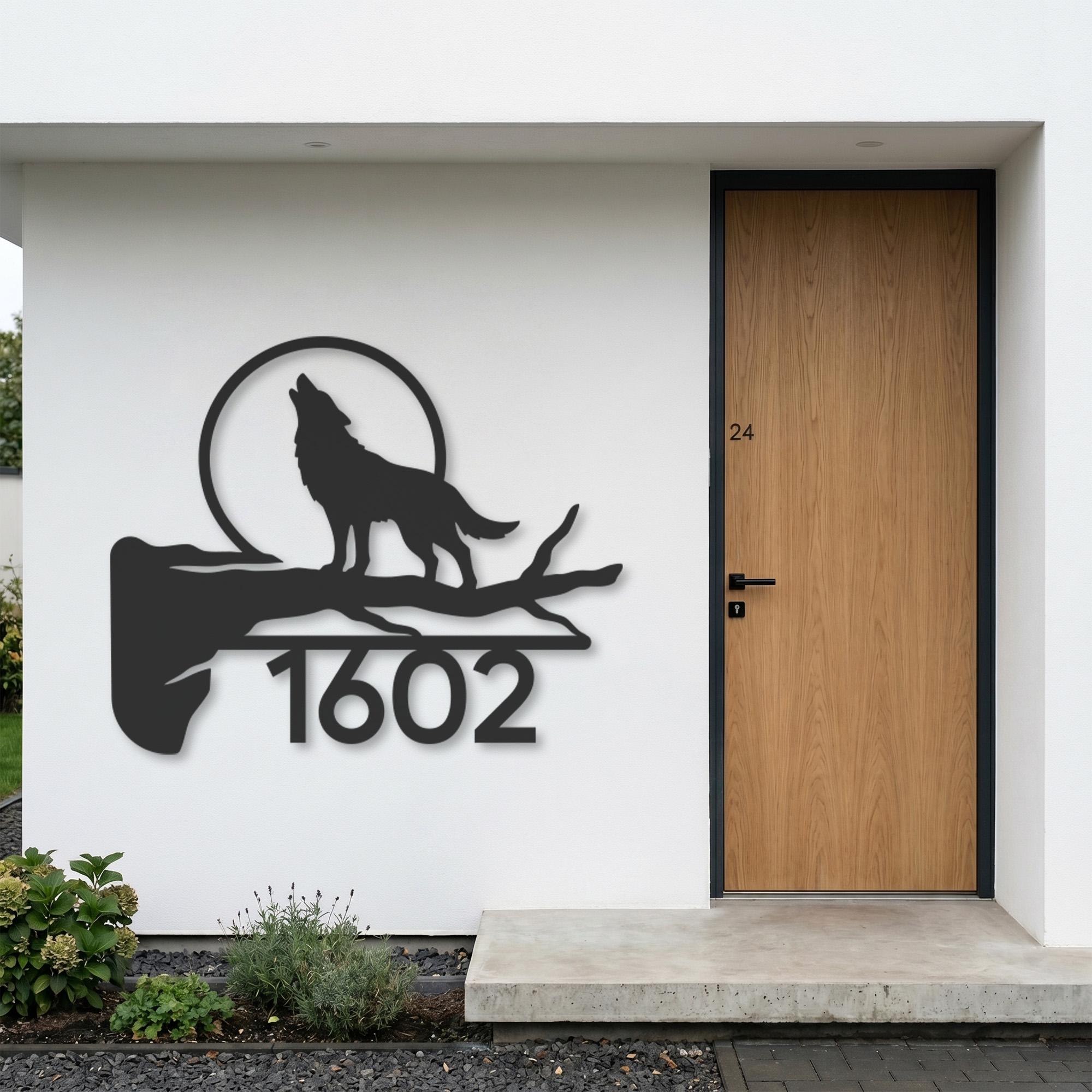 Custom Wolf House Number Metal Sign, Howling Silhouette Outdoor Address ...