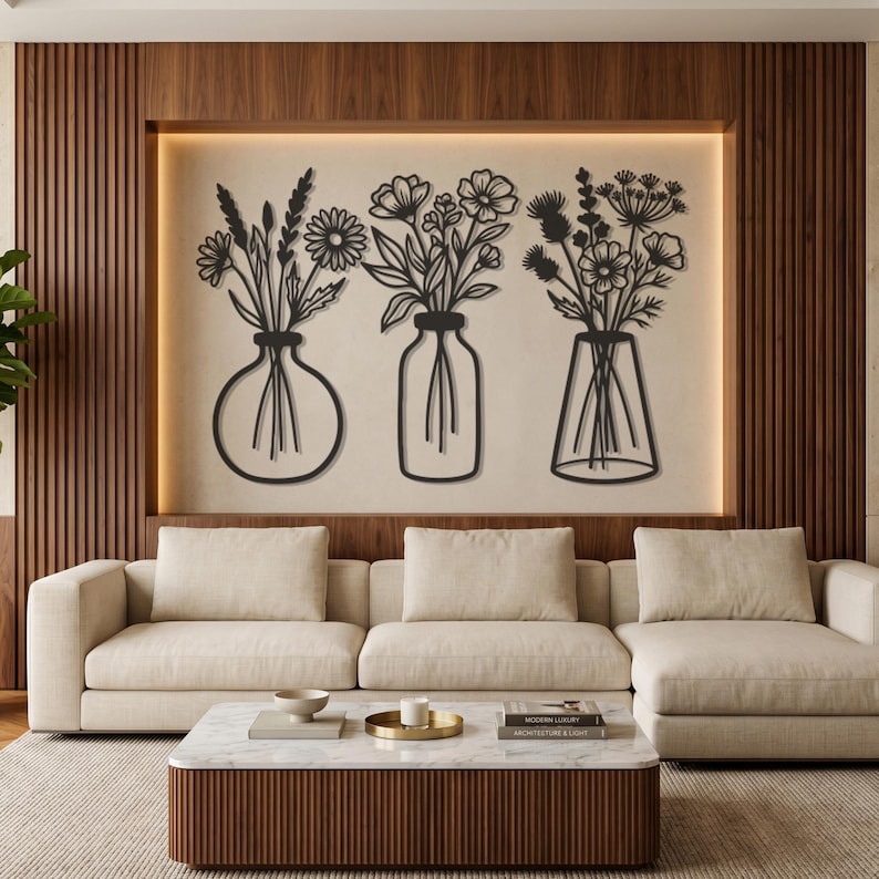 Floral Metal Wall Art Set, Botanical Line Art, Modern Minimalist Decor image 5