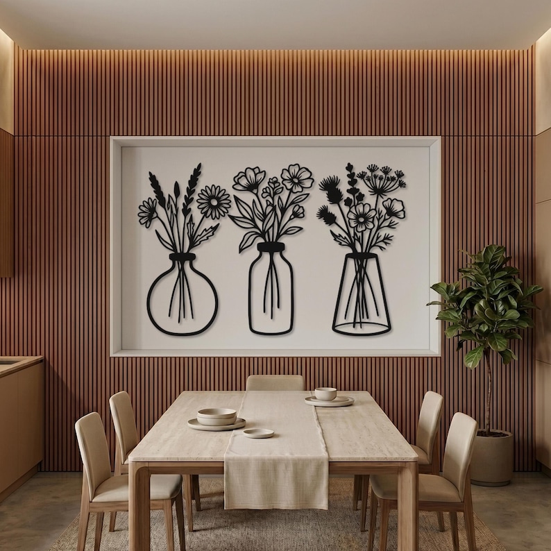 Floral Metal Wall Art Set, Botanical Line Art, Modern Minimalist Decor image 3