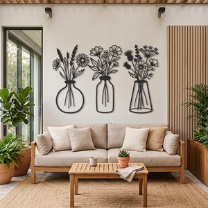 Floral Metal Wall Art Set, Vase Flower Decor, Botanical Line Art Wall Art, Modern Minimalist Wall Decor, Nature Inspired Home Decor