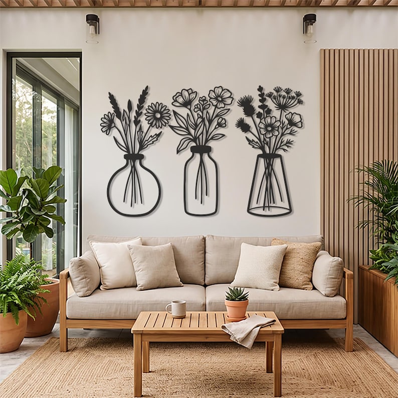 Floral Metal Wall Art Set, Vase Flower Decor, Botanical Line Art Wall Art, Modern Minimalist Wall Decor, Nature Inspired Home Decor